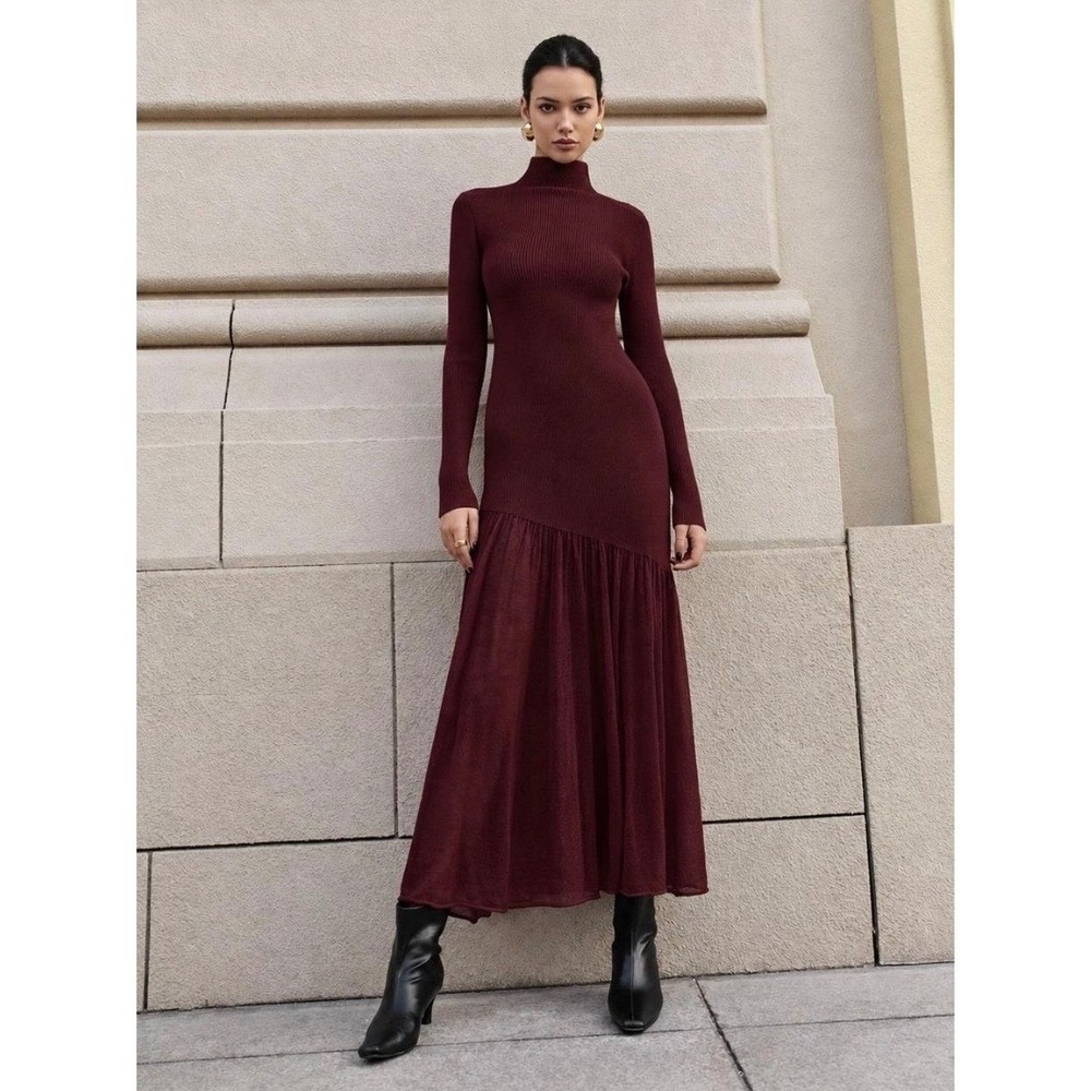Commense Burgundy Mock Neck Pleated Panel  Maxi Sweater Dress  Size L